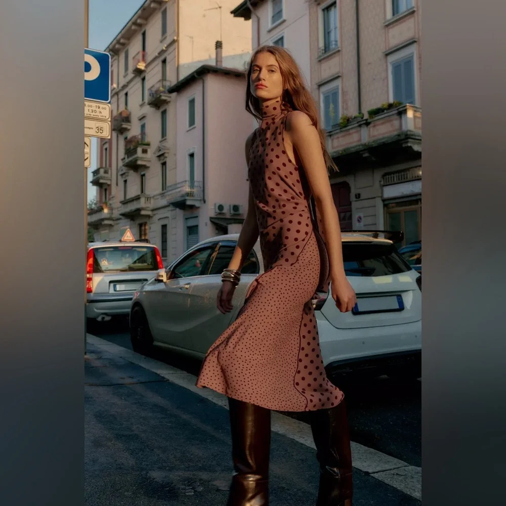 NWT ZARA TIED POLKA DOT MIDI DRESS - Picture 2 of 8